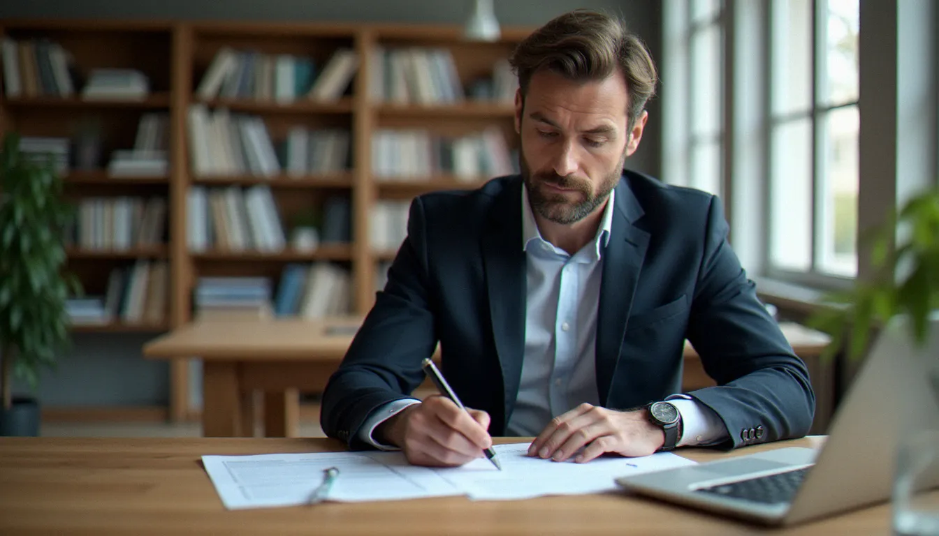 Un courtier en assurance examine attentivement des documents de véhicule dans un bureau parisien, illustrant le processus d'obtention d'une assurance sans contrôle technique valide