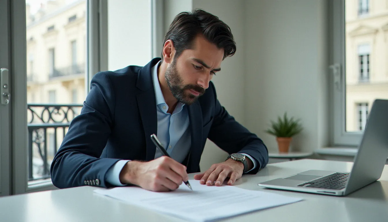 Un courtier en assurance examine attentivement un contrat d'assurance sans frais de dossier dans un bureau moderne à Paris