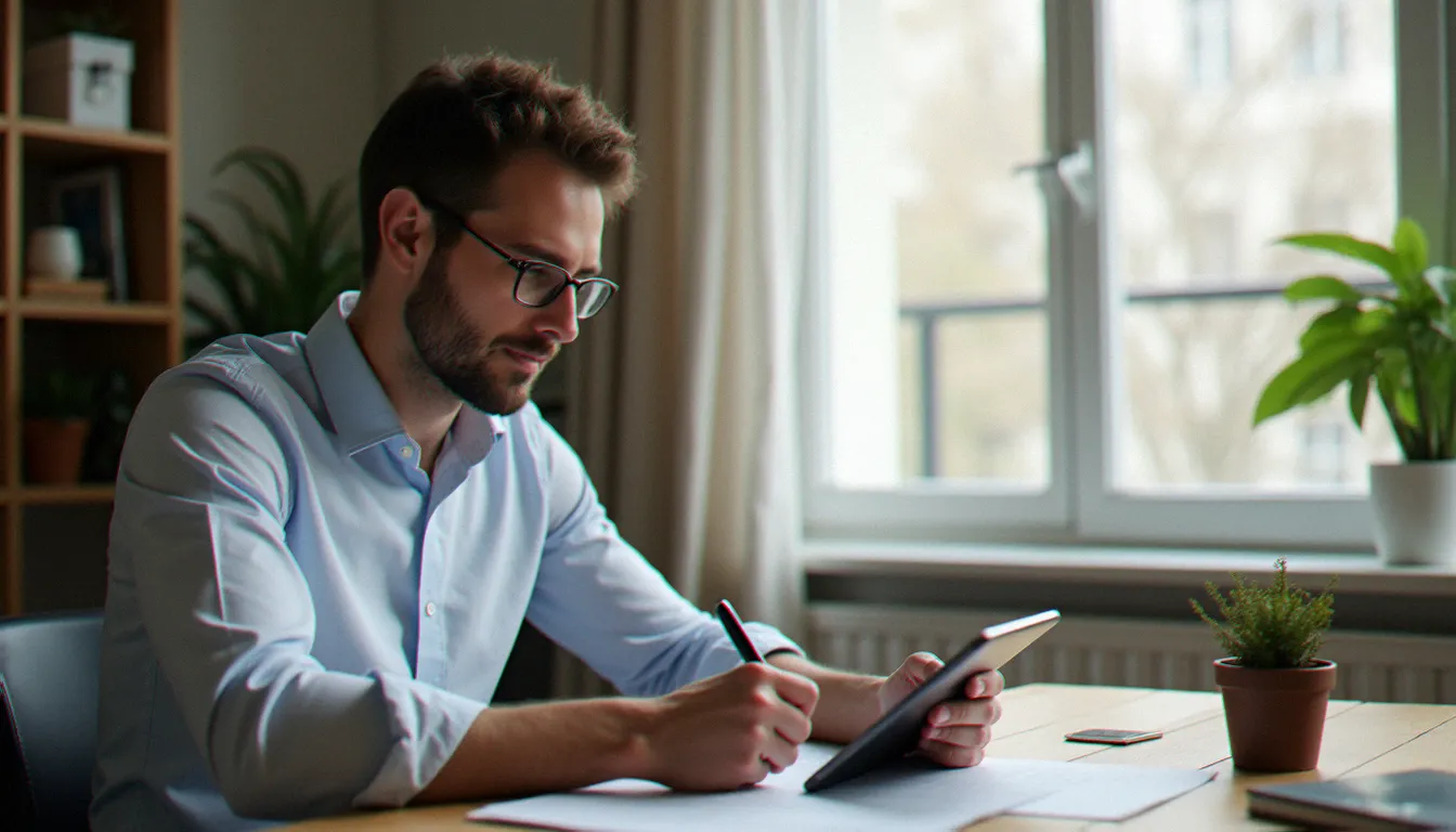 Un jeune professionnel signant un contrat d'assurance sans premier versement sur une tablette dans un appartement parisien lumineux