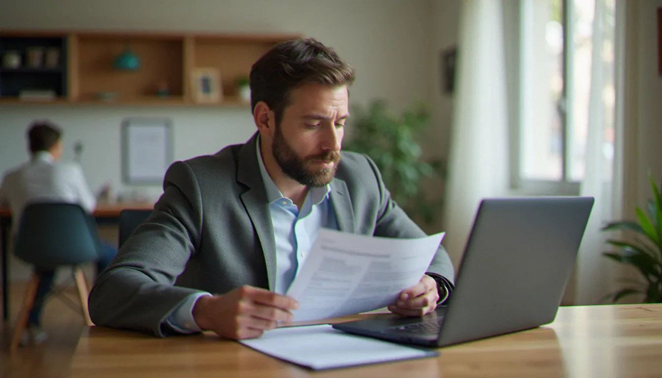 Un homme consultant des documents d'assurance sans relevé d'information sur un bureau moderne à Paris
