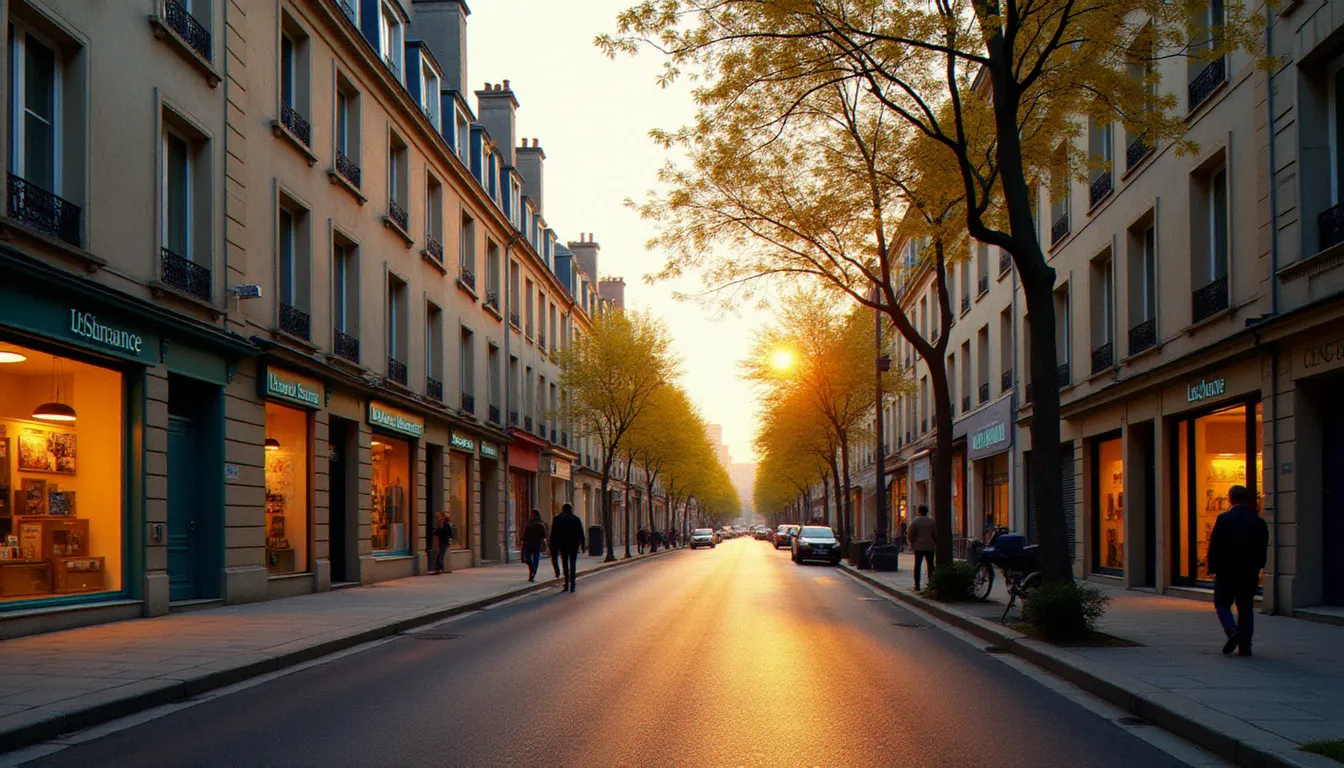 Rue résidentielle française avec une agence d'assurance locale visible en rez-de-chaussée, symbolisant la proximité géographique des assurances