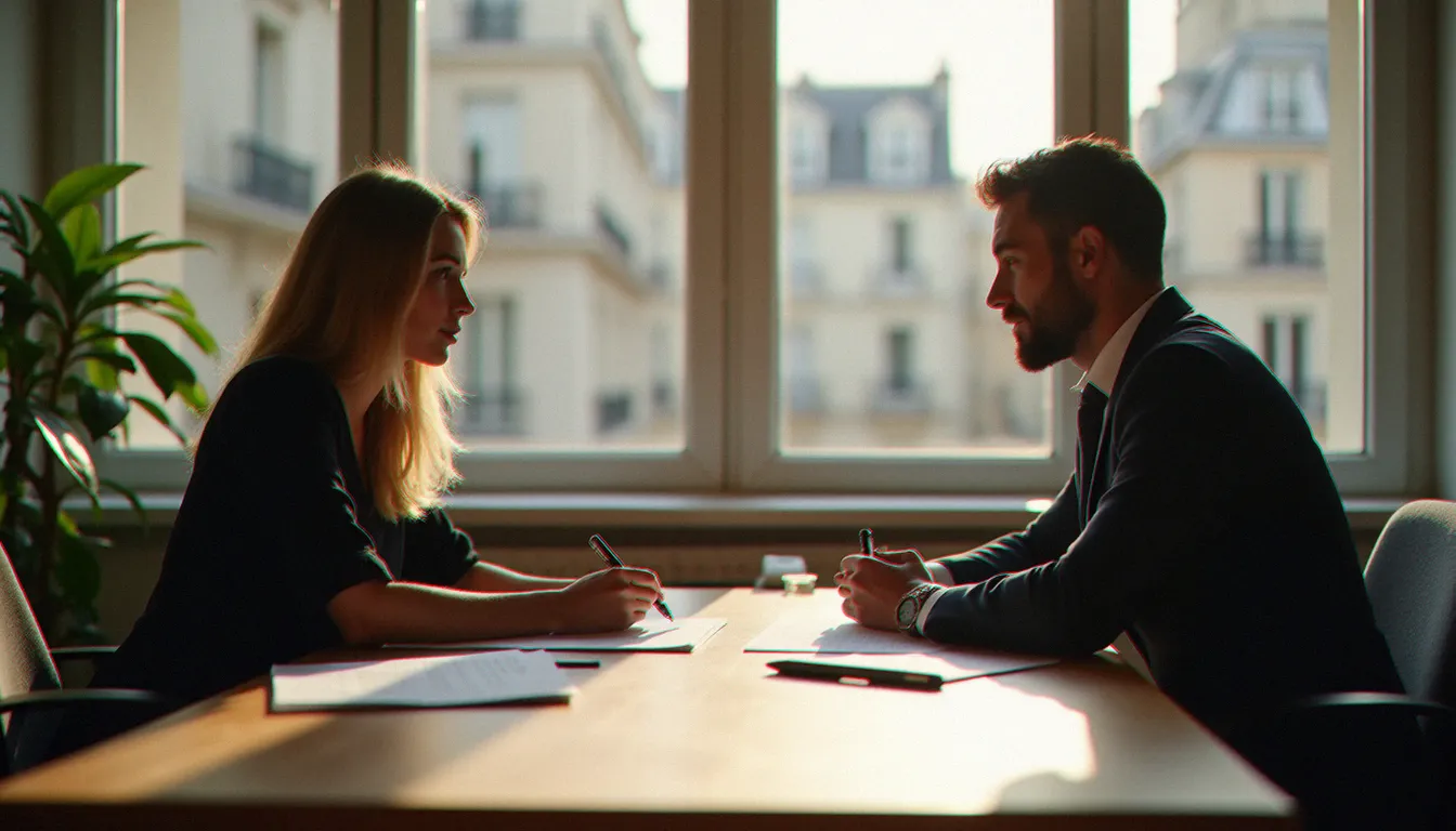 Un courtier en assurance conseille un couple dans une agence parisienne, illustrant la recherche d'assurances autour de soi
