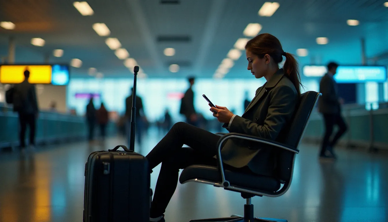 Une voyageuse inquiète consulte son téléphone dans un aéroport face à une situation de retard ou annulation, type de sinistre couvert par certaines assurances avec carte bancaire
