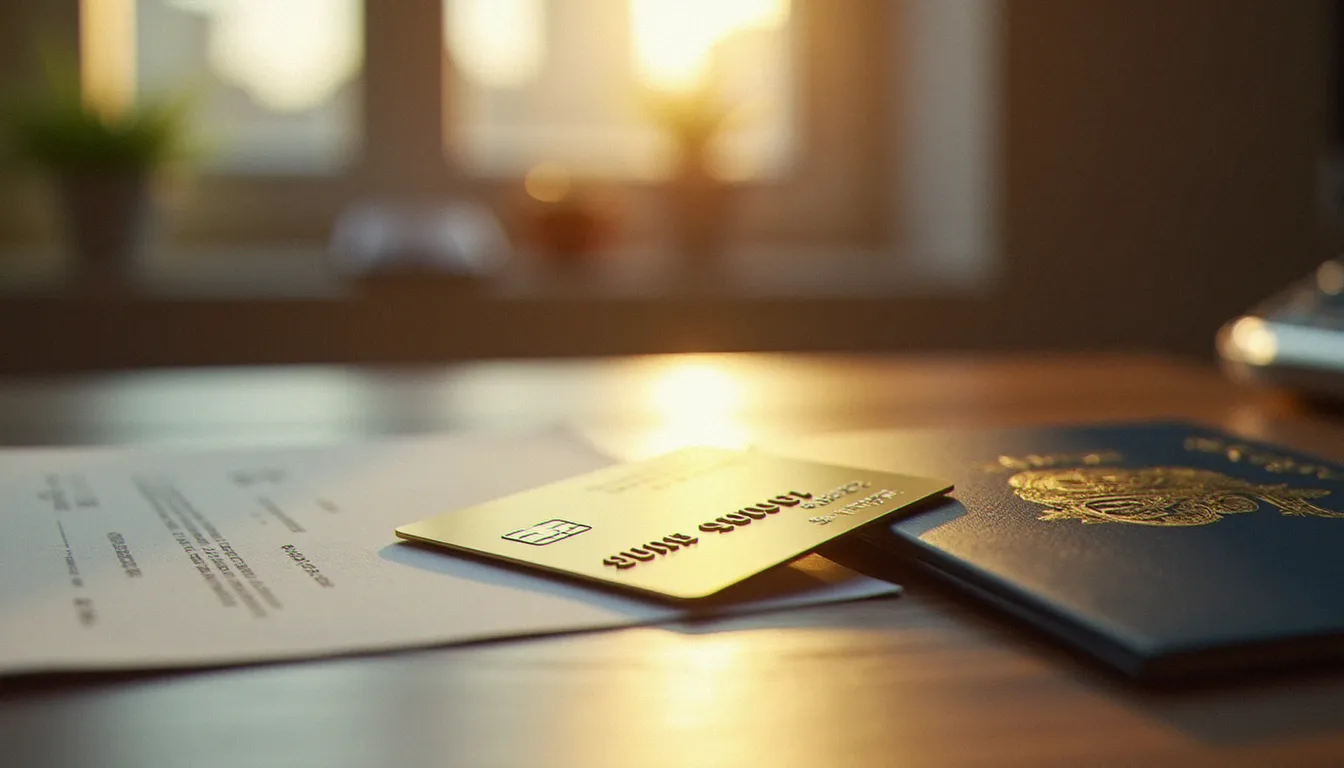Carte bancaire dorée posée sur un bureau avec un passeport et une carte d'embarquement, illustrant les assurances avec carte bancaire incluses pour les voyages