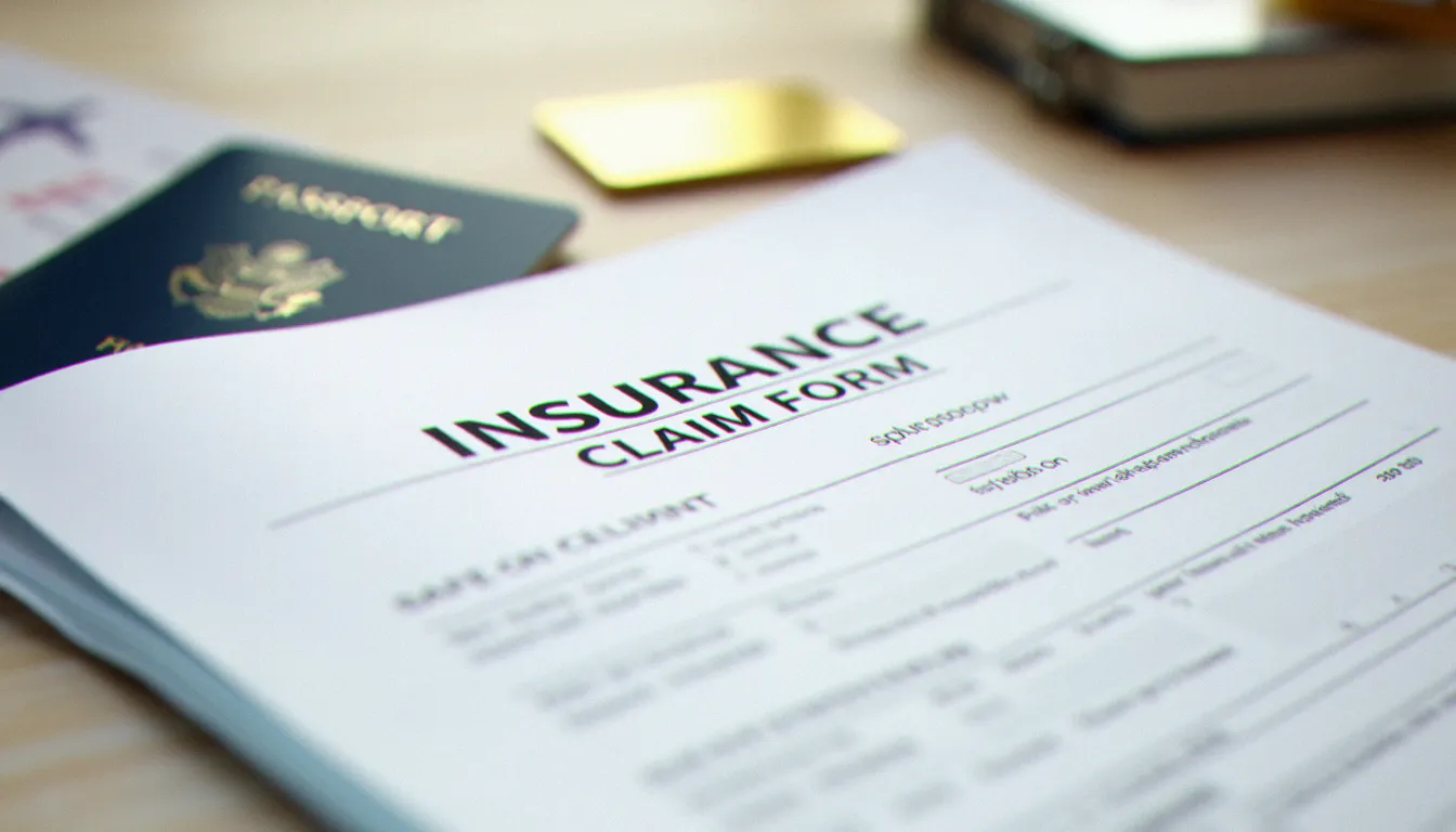 Formulaire de déclaration de sinistre posé à côté d'un passeport et d'une carte gold pour activer les assurances voyage incluses