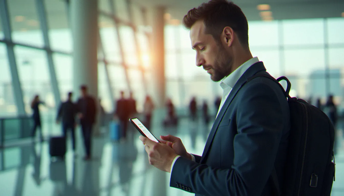 Voyageur vérifiant ses garanties d'assurances avec carte gold sur son téléphone dans un aéroport international moderne