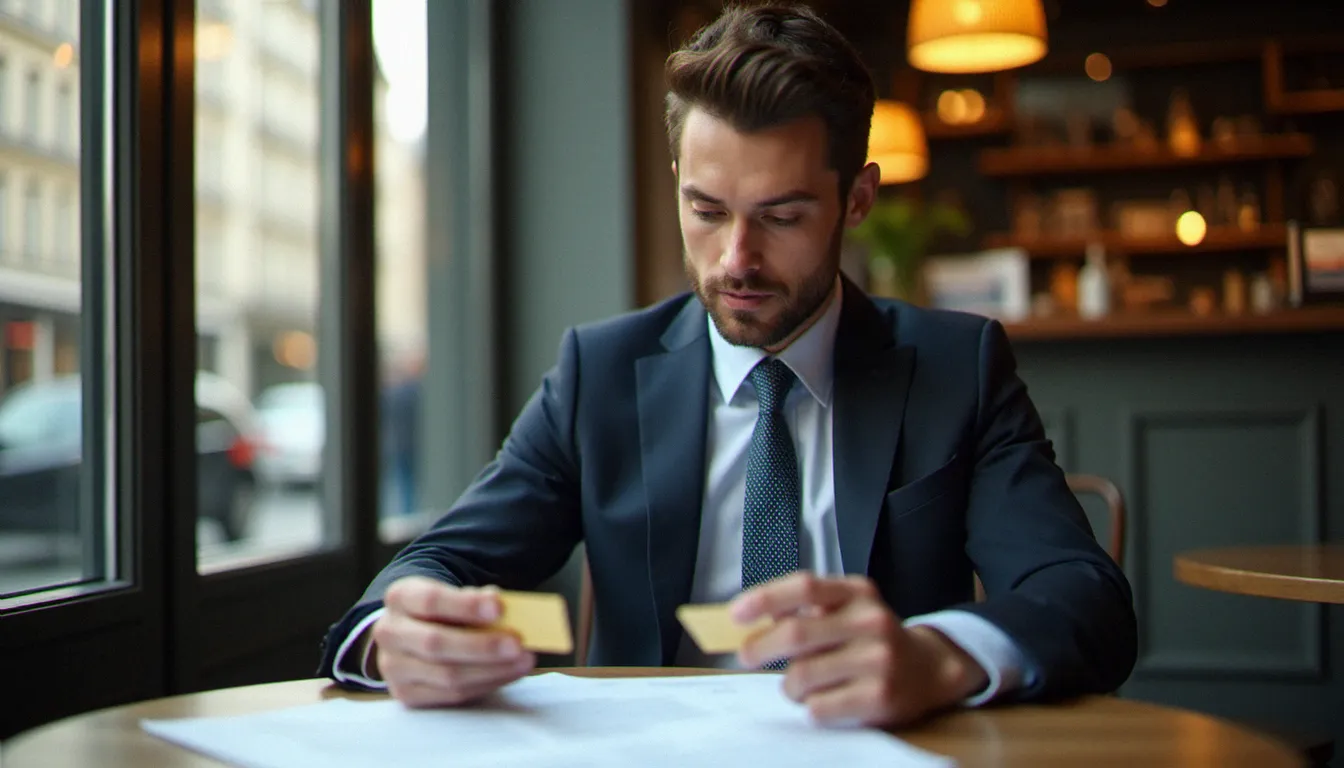 Un homme consultant les conditions de ses assurances avec carte gold sur des documents posés sur une table de café parisien