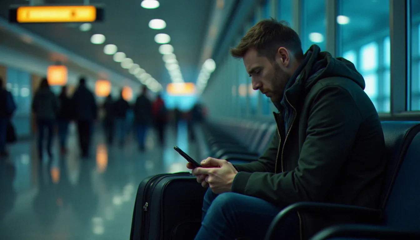 Voyageur contactant le service d'assistance de son assurance carte Visa depuis un aéroport étranger