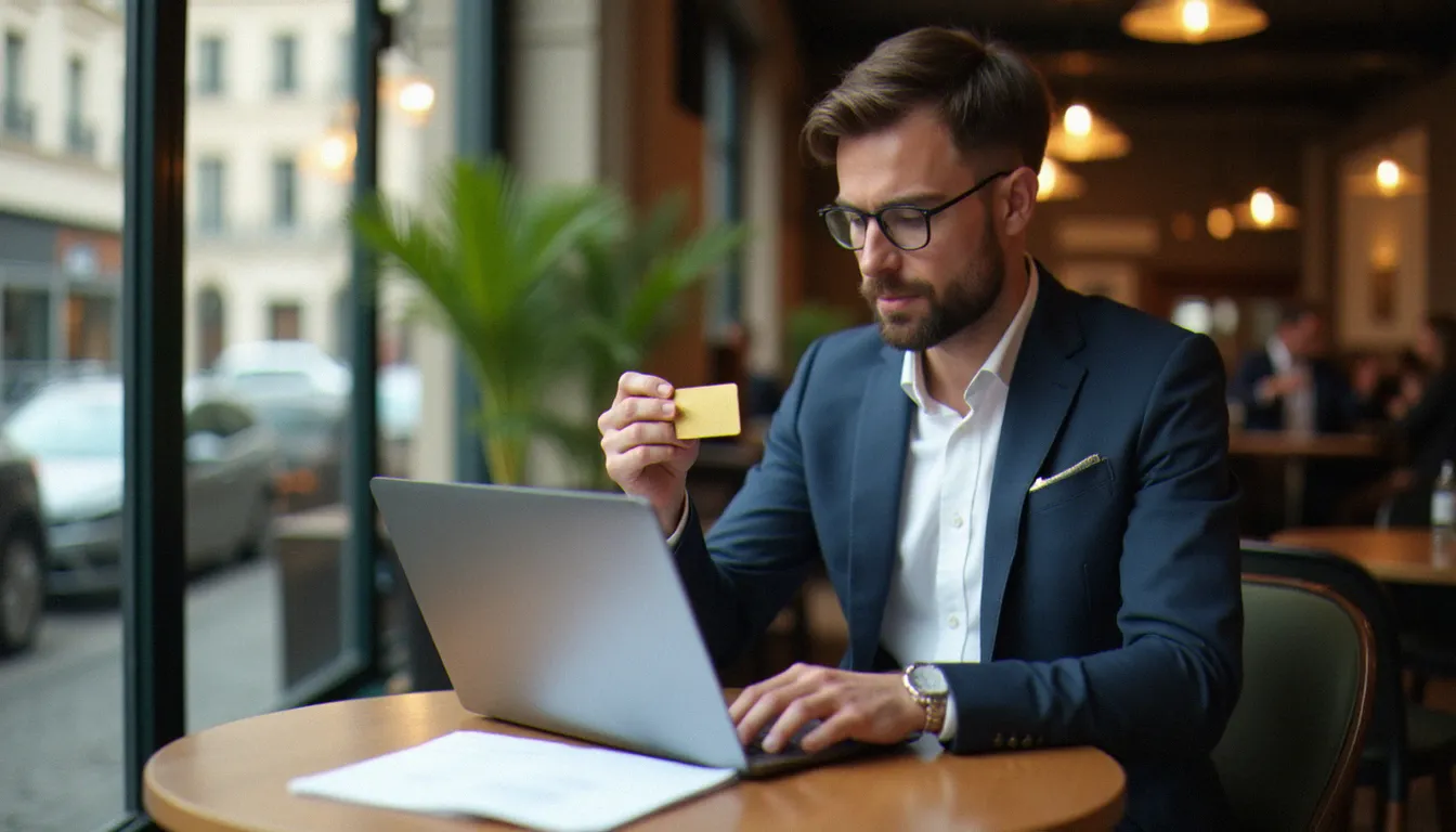 Un homme consultant ses documents d'assurances avec carte Visa dans un café parisien moderne