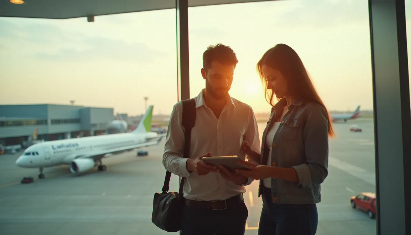 Couple de voyageurs consultant leurs documents d'assurance voyage sur une tablette dans un terminal d'aéroport international, en lien avec les garanties voyage de la Visa Premier