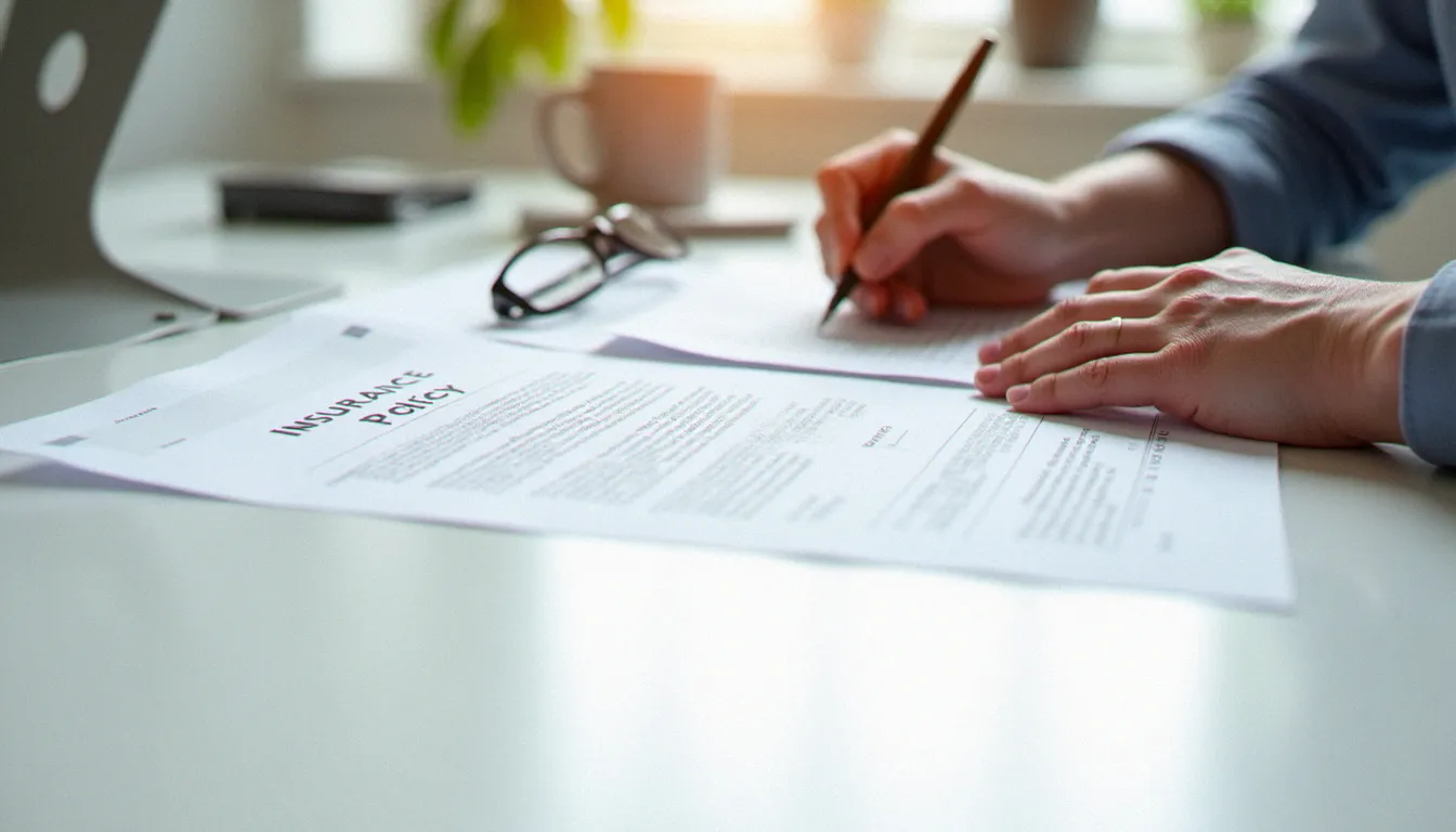 Mains lisant attentivement les conditions générales d'un contrat d'assurance posé sur un bureau, illustrant l'importance de connaître les exclusions des assurances avec carte Visa Premier