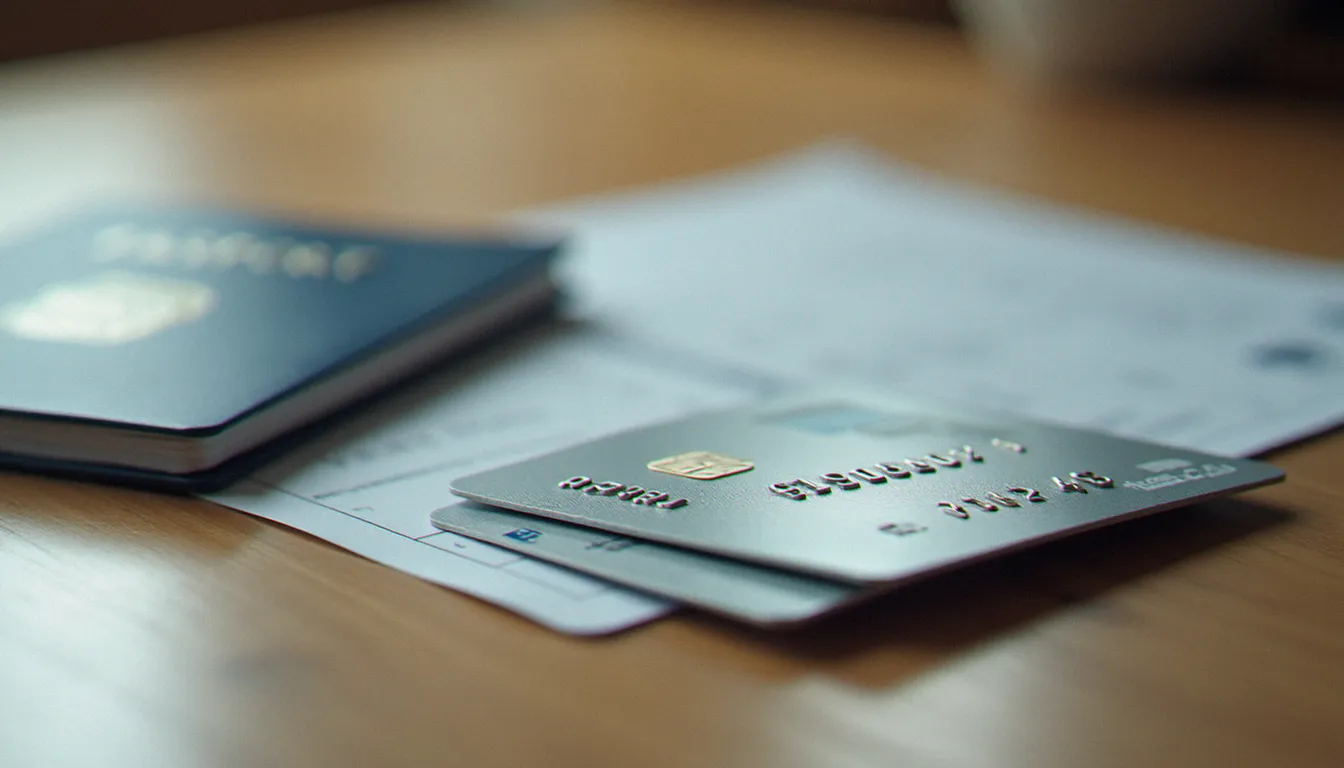 Carte Visa Premier posée sur un bureau en bois à côté d'un passeport et d'un billet d'avion, illustrant les assurances avec carte Visa Premier pour les voyageurs
