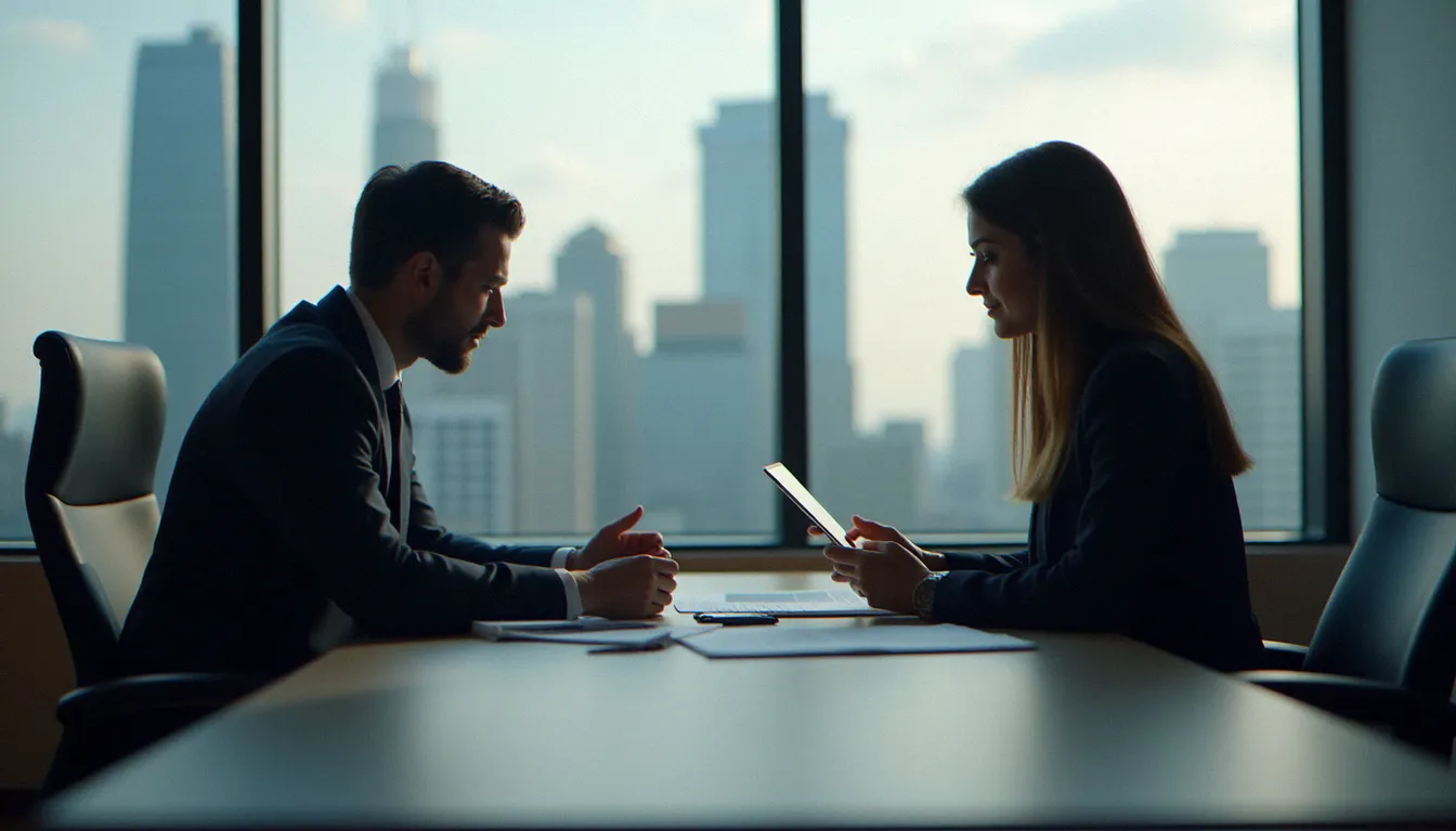 Conseiller en assurance expliquant les limites d'une couverture carte bancaire à un client, dans un bureau professionnel moderne