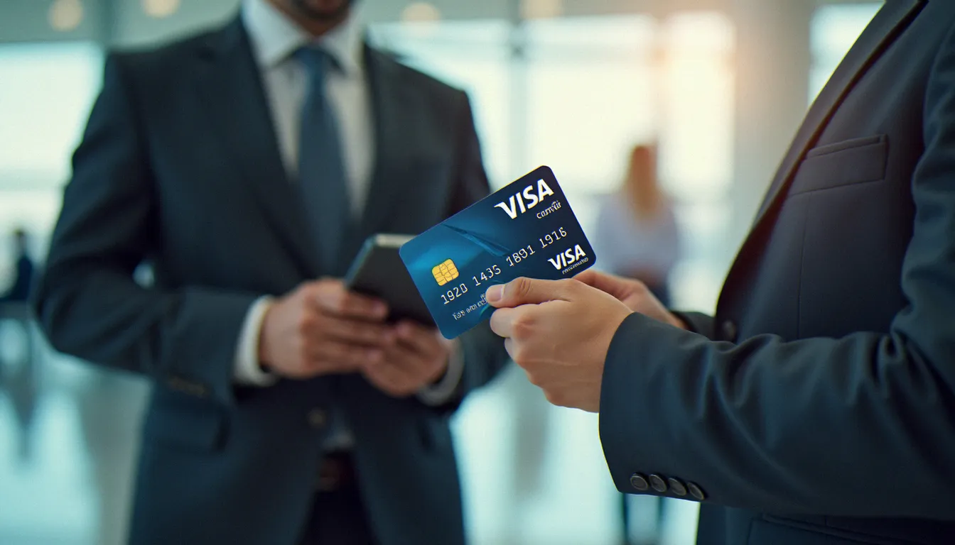 Porteur de carte Visa Premier à un comptoir d'enregistrement aéroport, illustrant les assurances avec Visa Premier pour les voyages