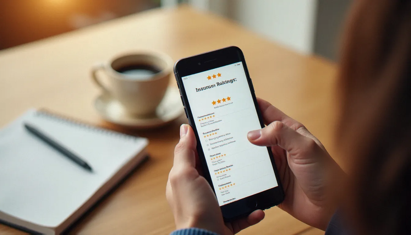 Personne consultant des assurances avis sur smartphone, interface d'évaluation clients visible à l'écran