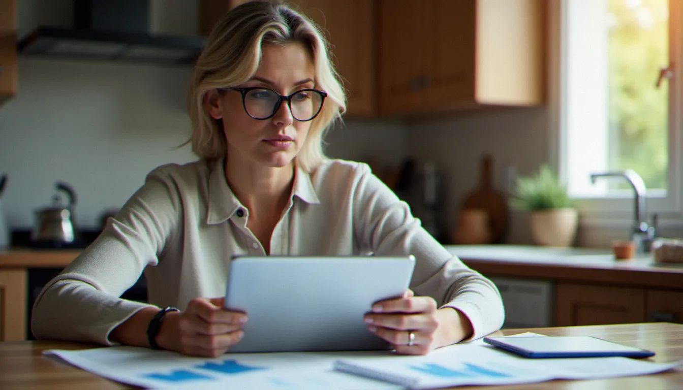 Femme comparant plusieurs offres d'assurance sur tablette et documents papier avant de prendre une décision éclairée