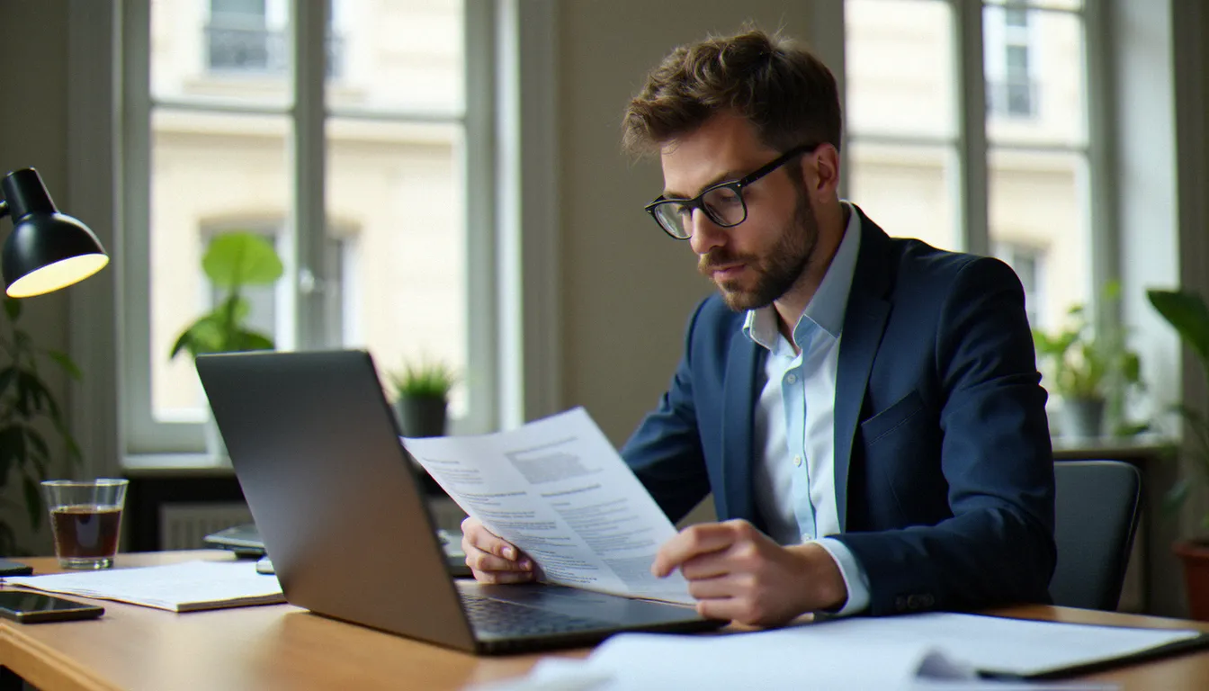 Courtier en assurance consultant des avis clients sur ordinateur pour comparer des contrats d'assurance, bureau parisien lumineux