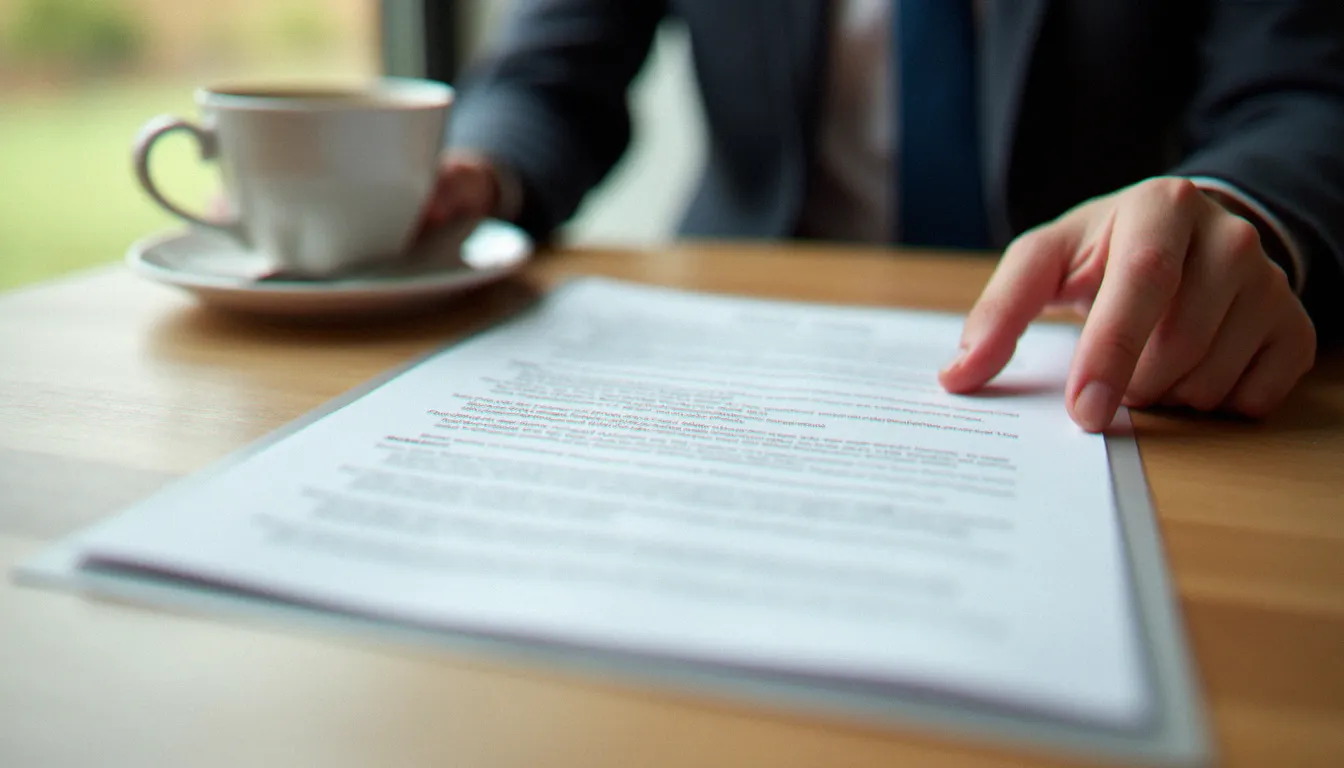 Mains tenant un document de contrat d'assurance posé sur une table en bois, dans une atmosphère de lecture attentive et de réflexion