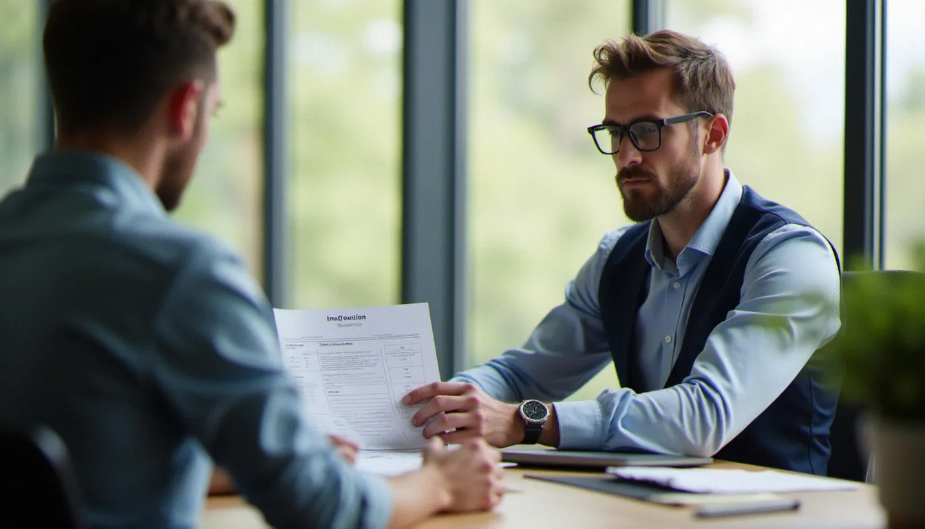 Conseiller en assurance examinant des documents de contrat avec un client dans un bureau lumineux, illustrant les avis sur les assurances de l'Adour