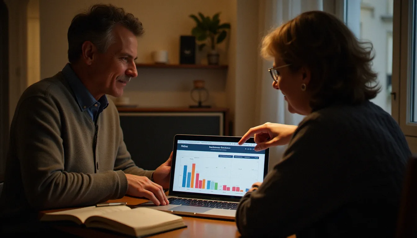Un couple compare les assurances prix sur un outil en ligne depuis leur appartement, illustrant la démarche de recherche active pour réduire leurs primes