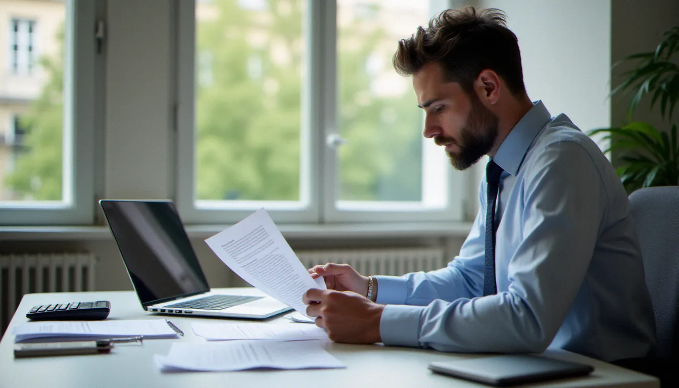 Un courtier en assurances prix passe en revue plusieurs contrats posés sur son bureau dans un bureau parisien lumineux, illustrant la comparaison des offres