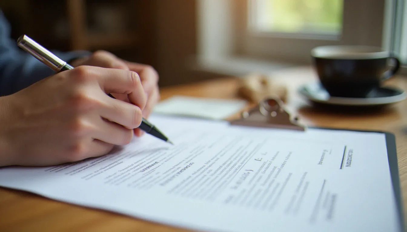 Mains d'une personne lisant attentivement les garanties d'un contrat d'assurance voyage Sunwing avant signature