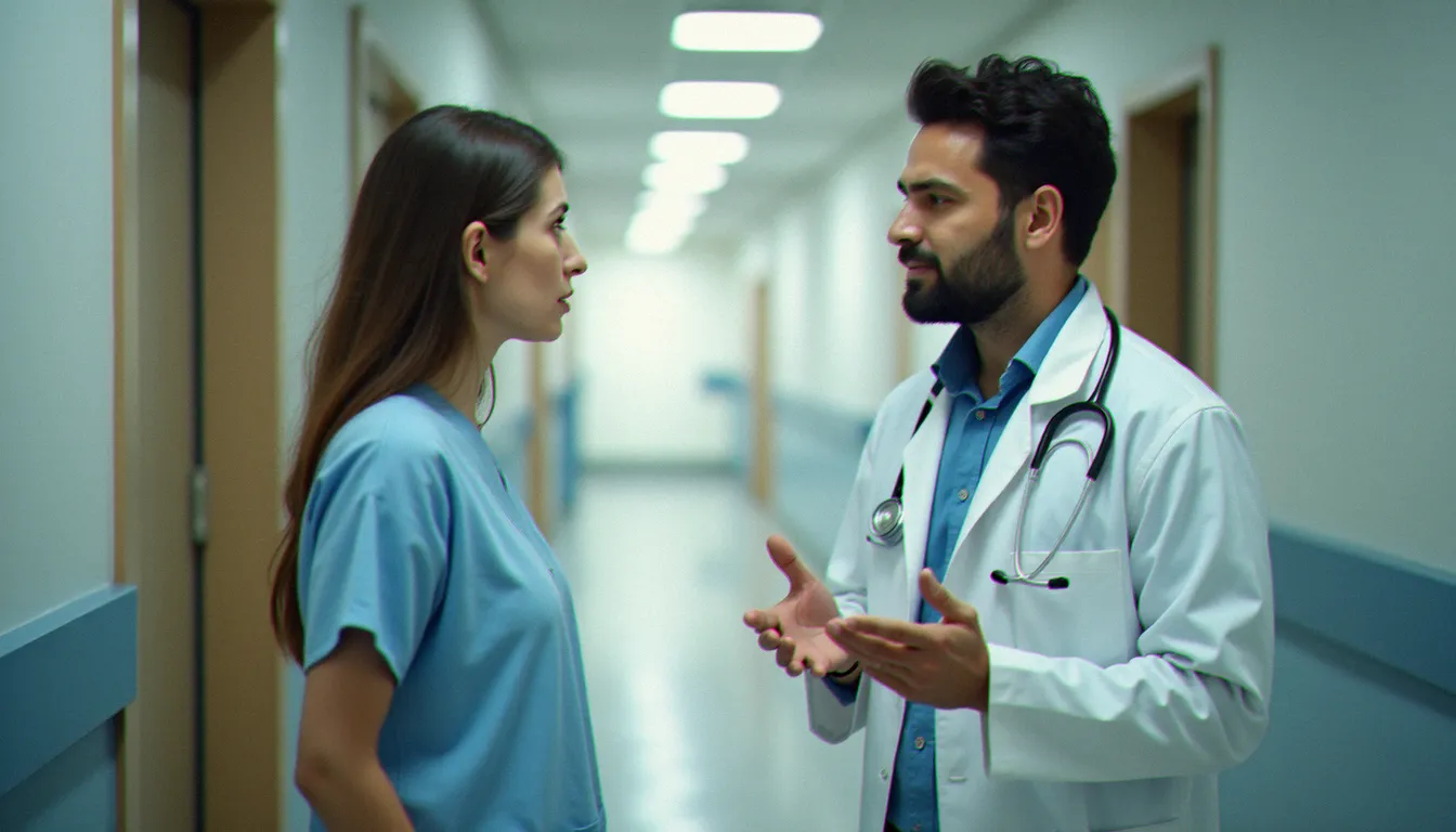 Médecin rassurant un touriste français dans un couloir d'hôpital à l'étranger, illustrant la prise en charge médicale couverte par l'assurance voyage
