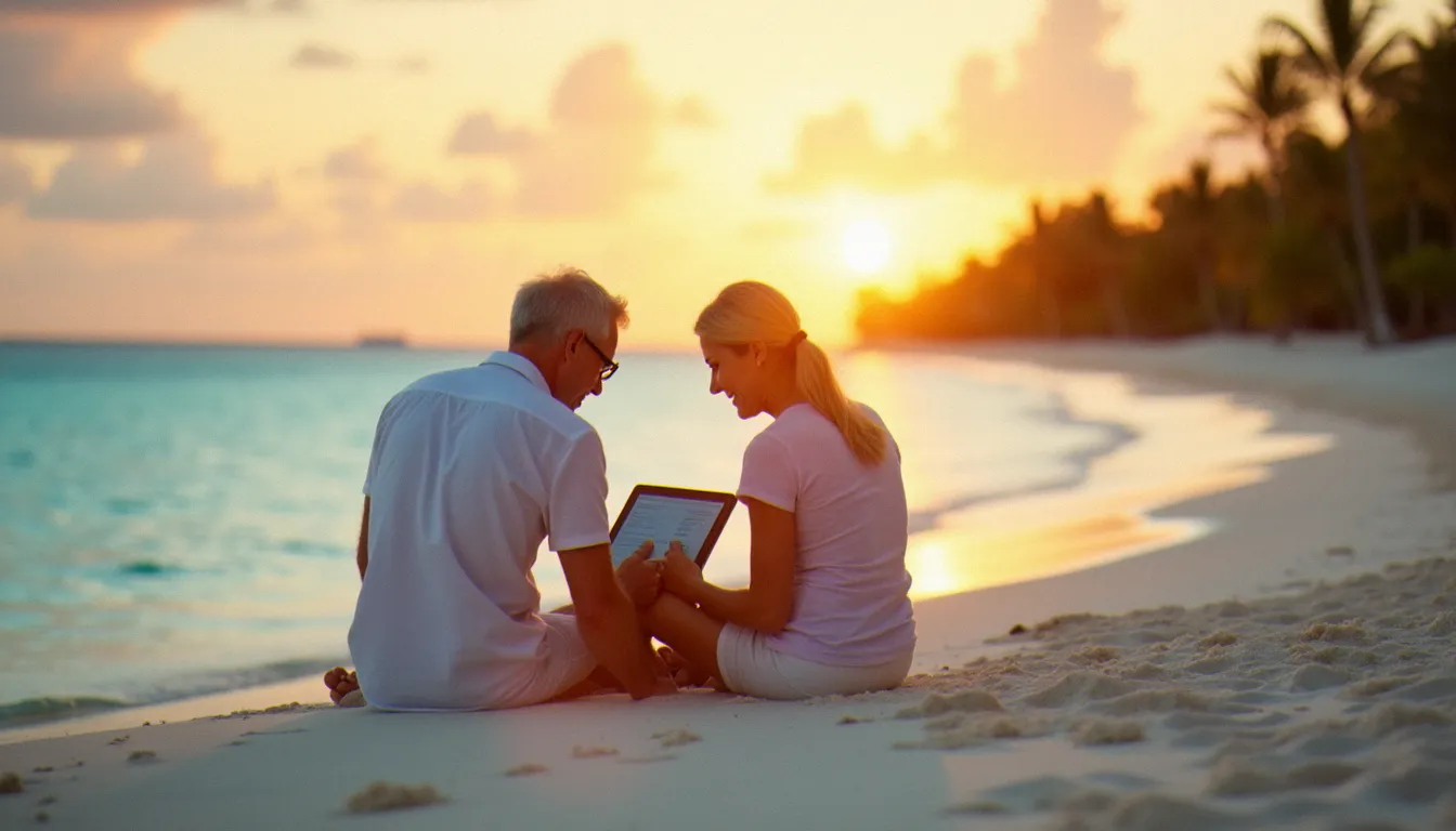 Couple consultant des documents d'assurances sans soucis Sunwing sur une plage des Caraïbes au coucher du soleil