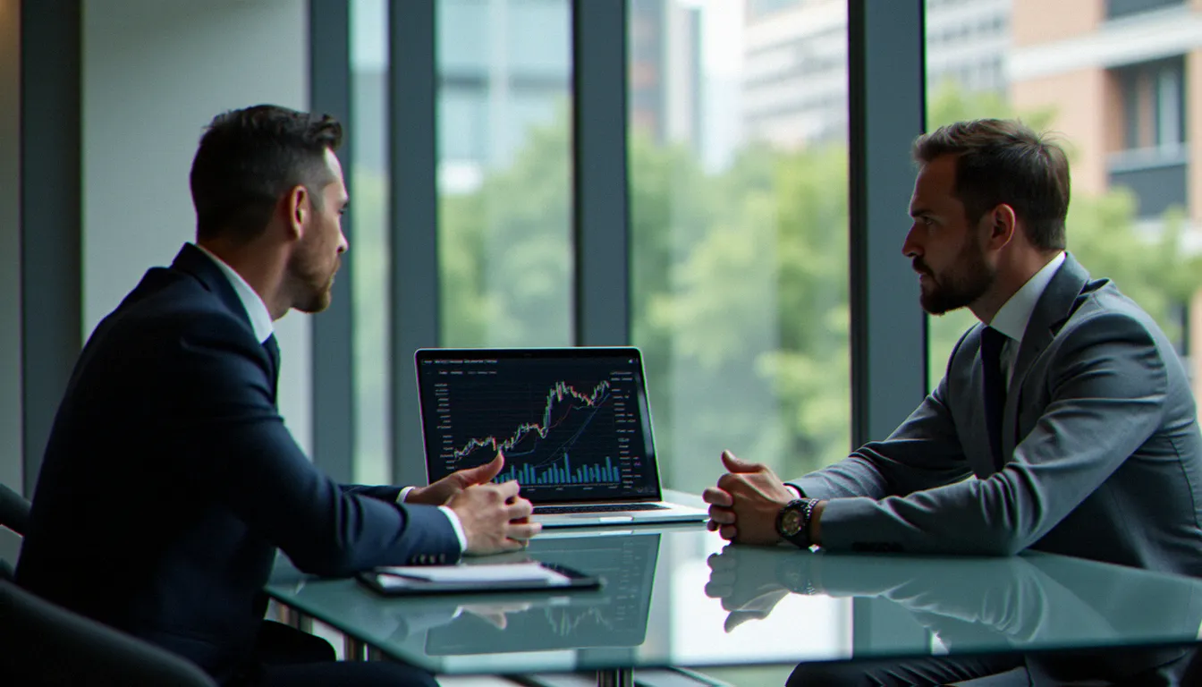 Entretien entre un courtier et un client pour analyser les risques financiers d'un contrat d'assurance vie multisupport