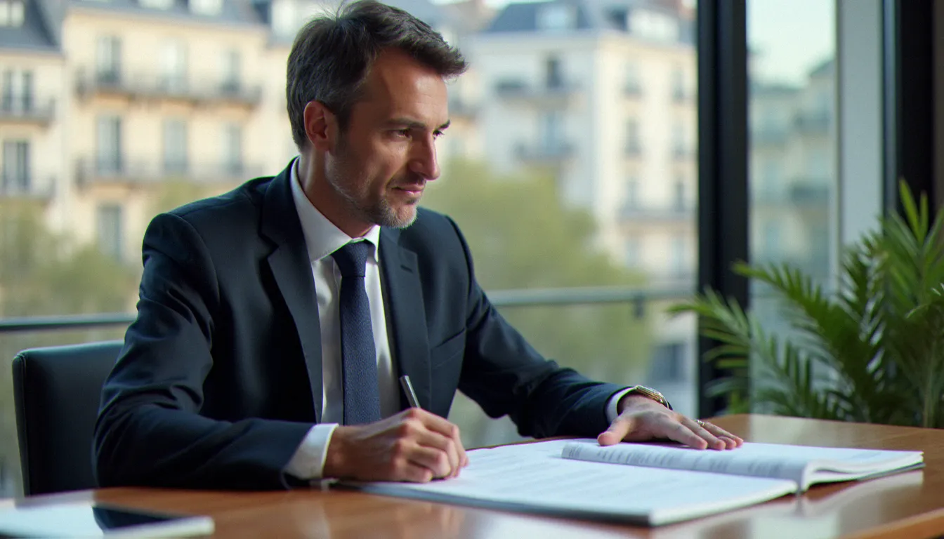 Conseiller en assurance vie analysant un contrat avec garanties danger et exclusions sur son bureau à Paris
