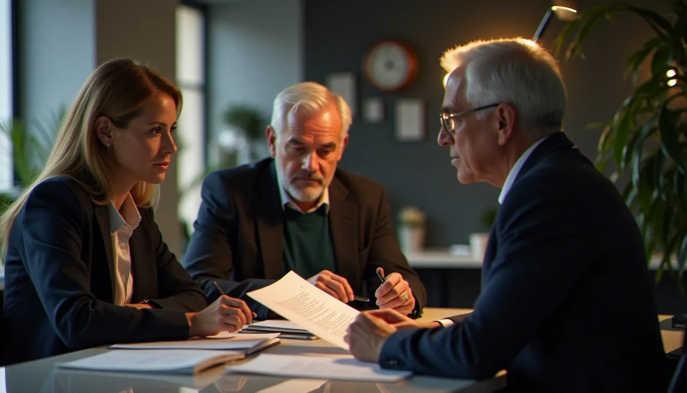 Couple de clients en réunion avec un conseiller assurance pour examiner les avis et garanties d'un contrat Allianz