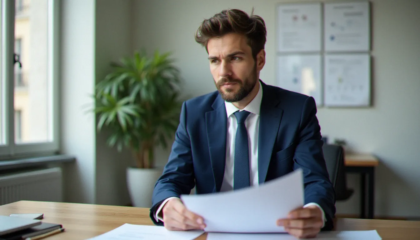 Courtier en assurance consultant des documents relatifs aux avis assurances Allianz dans un bureau parisien moderne