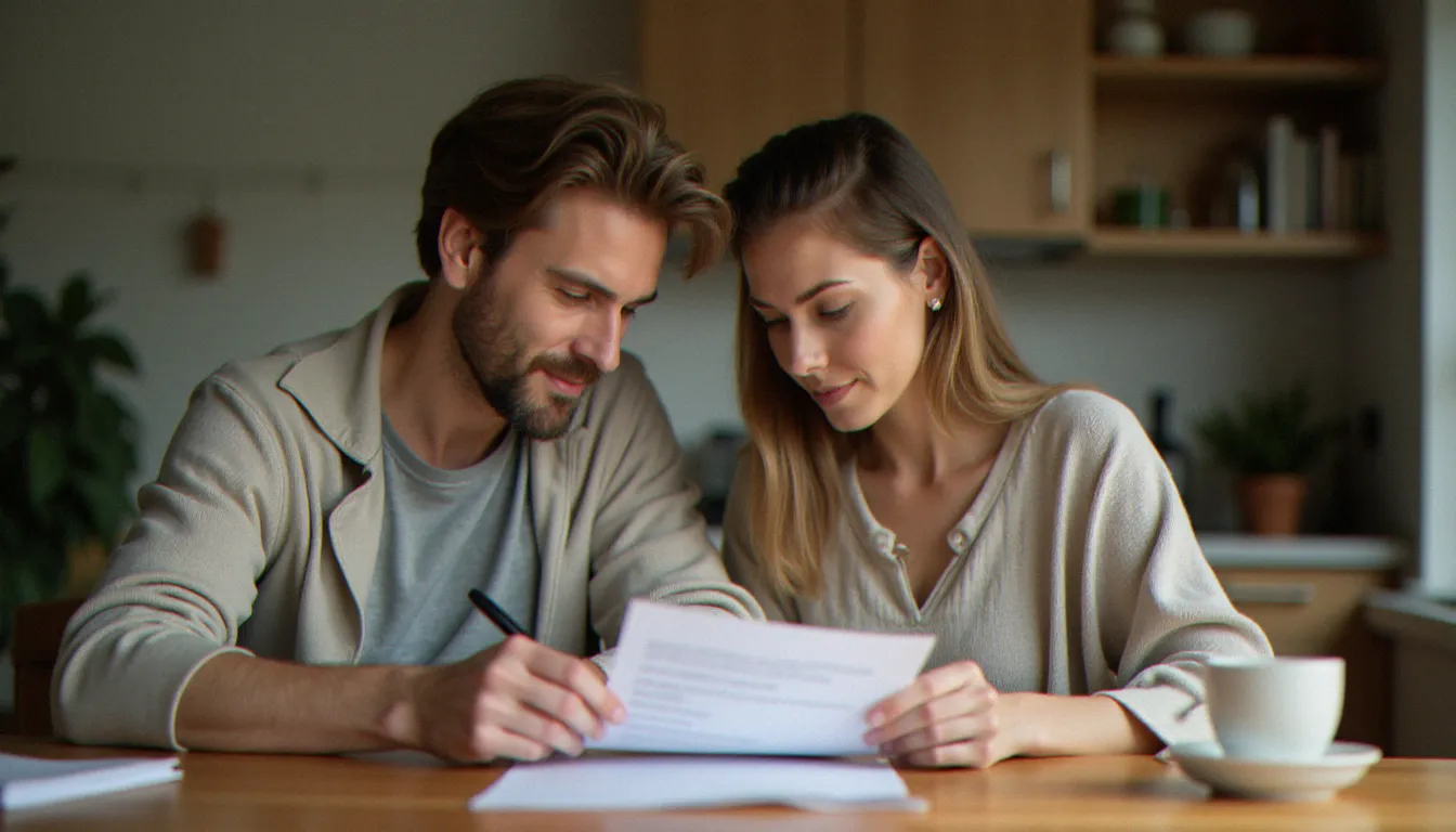 Couple lisant attentivement leurs contrats d'assurance à la maison pour évaluer les garanties et comprendre les avis sur leurs formules AXA