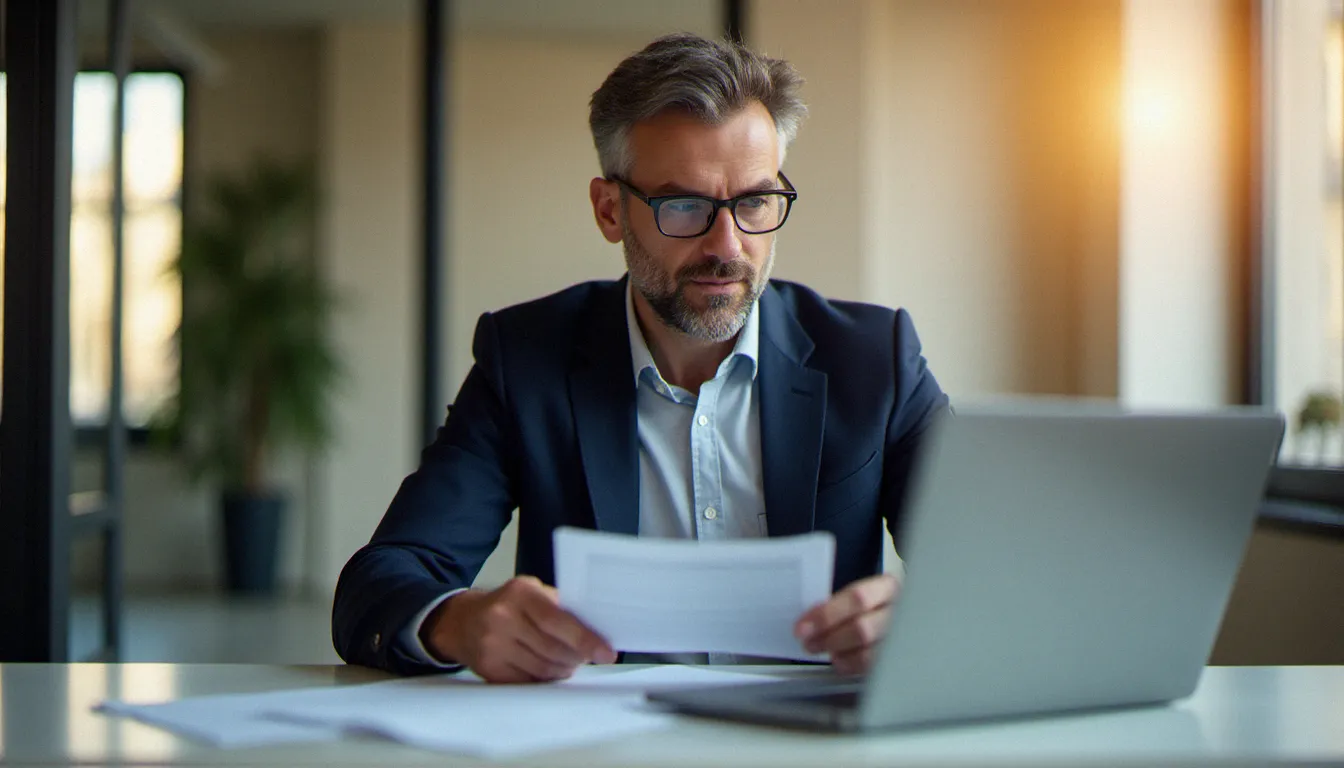 Courtier en assurance analysant des documents de contrats et avis assurances AXA dans un bureau parisien moderne et lumineux