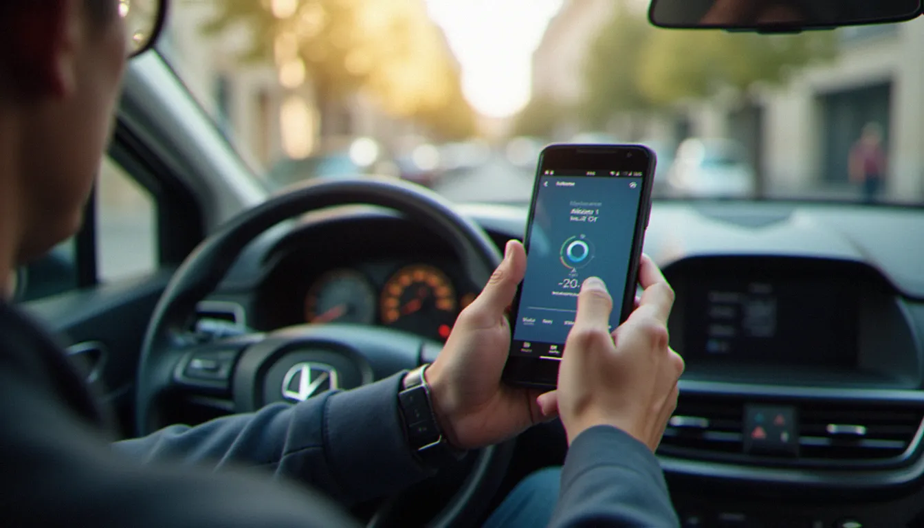 Une personne consultant son assurance auto L'Olivier sur smartphone depuis l'habitacle de sa voiture garée dans une rue française