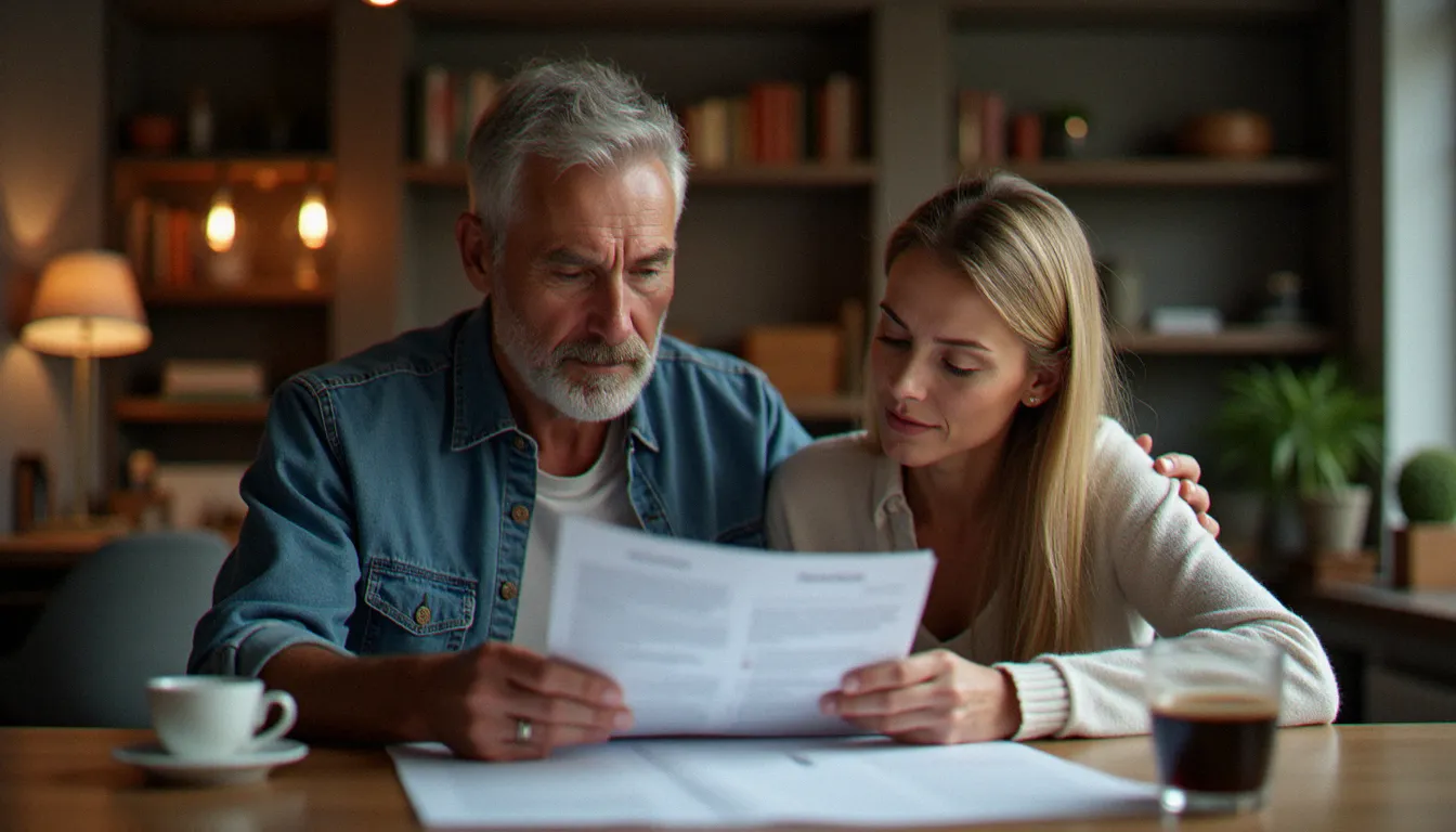 Un couple français examinant attentivement des documents d'assurance habitation à leur table de cuisine, illustrant la comparaison d'avis avant souscription