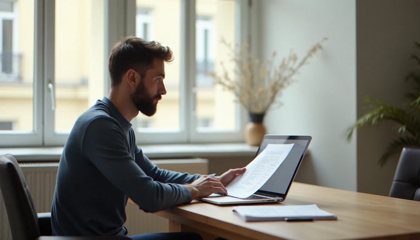 Un courtier en assurance consultant des avis sur les assurances L'Olivier sur son ordinateur portable dans un bureau moderne à Paris