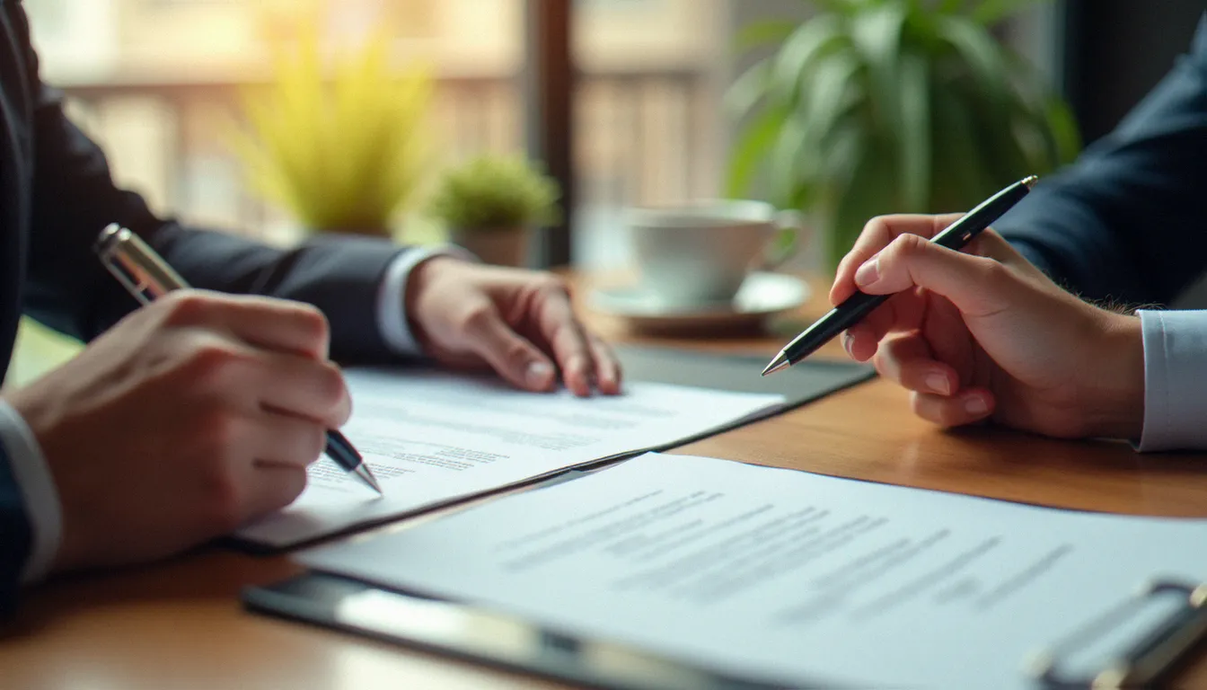 Signature d'un contrat d'assurance entre un assuré et un représentant, illustrant la formation juridique du contrat en droit des assurances