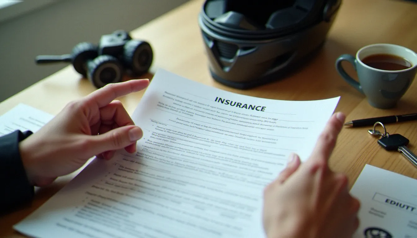 Comparaison de contrats d'assurance moto sur un bureau avec casque et clés de moto en arrière-plan
