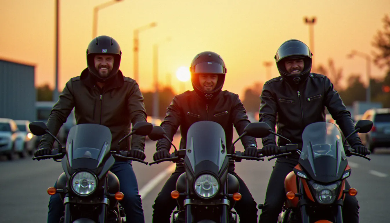 Groupe de motards de profils variés comparant leurs expériences d'assurance moto dans un parking au coucher du soleil