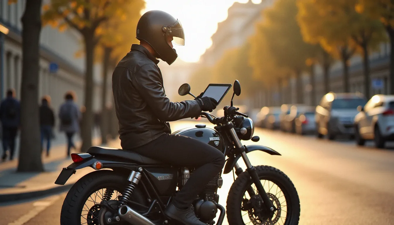Motard consultant les meilleures assurances moto sur une tablette, assis sur sa moto dans une rue parisienne ensoleillée