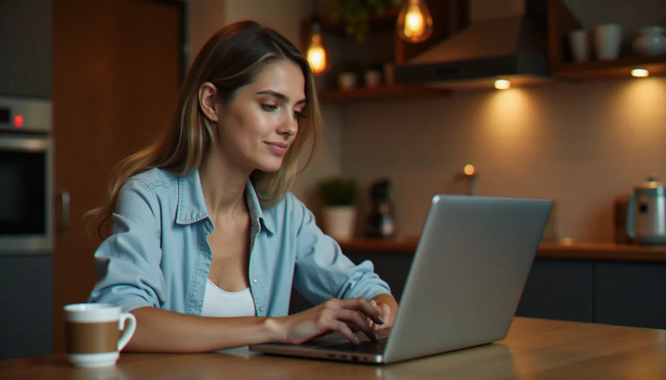 Femme souscrivant une assurance vie en ligne depuis chez elle, illustrant la simplicité d'ouverture d'un contrat d'assurance vie en 2025