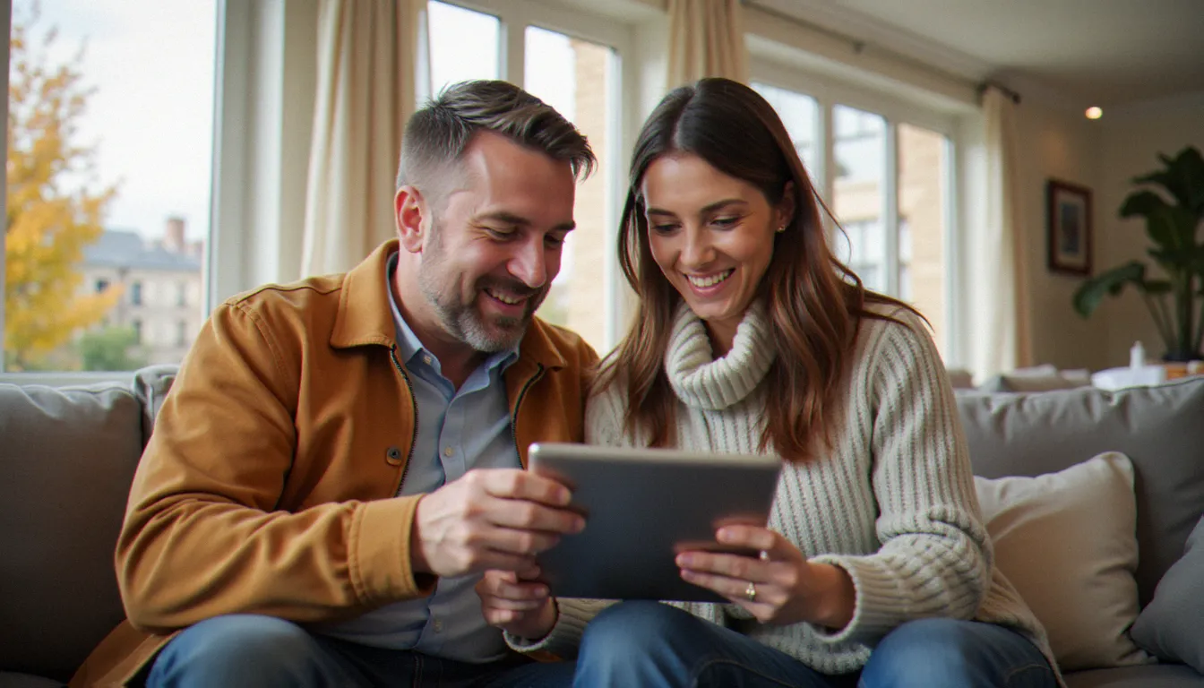 Couple consultant leur contrat d'assurance vie en ligne pour optimiser leur épargne et préparer leur transmission patrimoniale