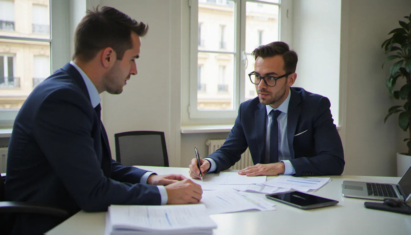 Conseiller en assurance vie discutant des meilleures assurances vie 2026 avec un client dans un bureau parisien moderne