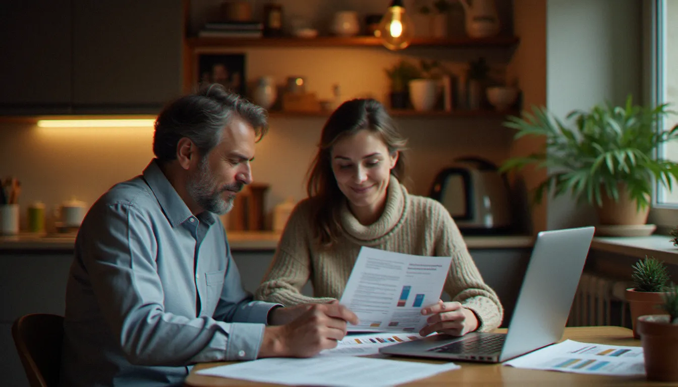 Un couple comparant des offres d'assurance vie à domicile avant de faire leur choix de contrat