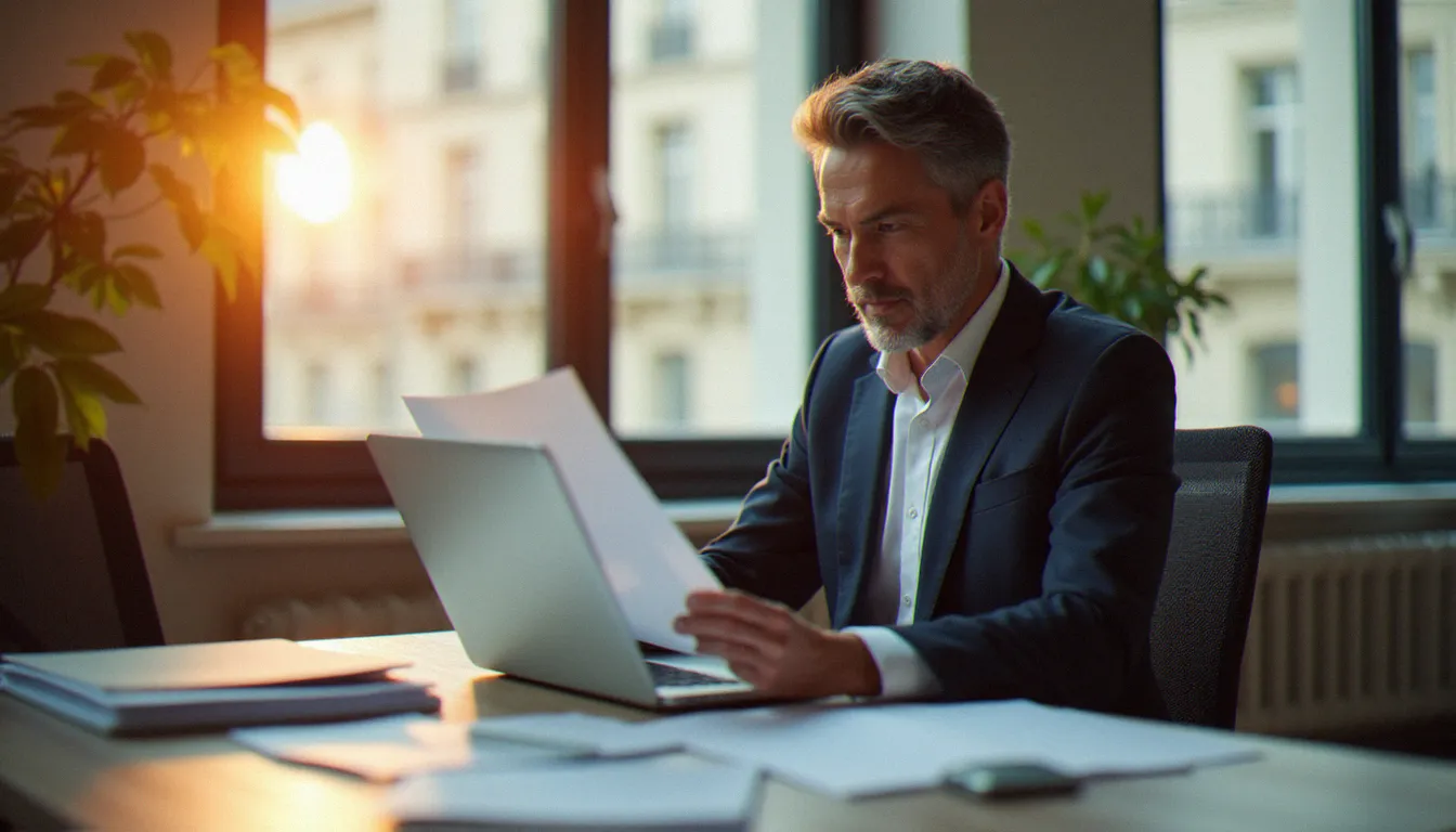 Conseiller en assurance vie examinant des contrats dans un bureau parisien moderne, illustrant le choix des meilleures assurances vie