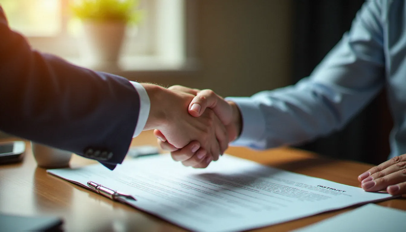 Poignée de main entre un conseiller mutualiste et un membre assuré illustrant le modèle coopératif d'assurance en Europe