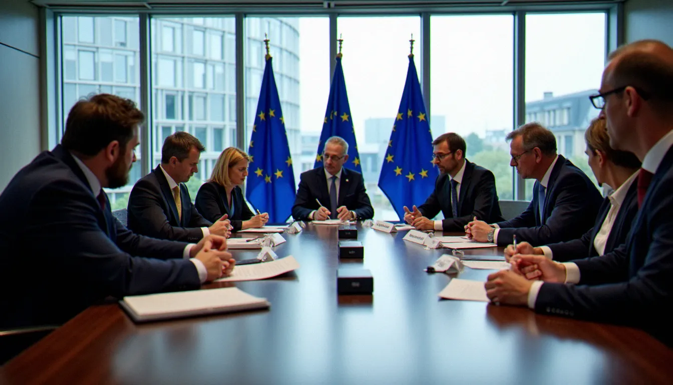 Salle de réunion institutionnelle à Bruxelles représentant l'association des assureurs mutuels et coopératifs en Europe lors d'une session de travail