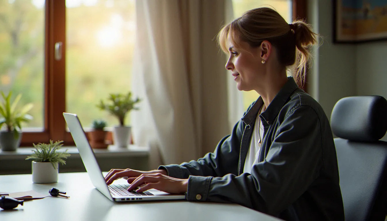 Femme en télétravail avec ses clés de voiture posées sur le bureau, profil type du petit rouleur adapté à l'assurance au kilomètre