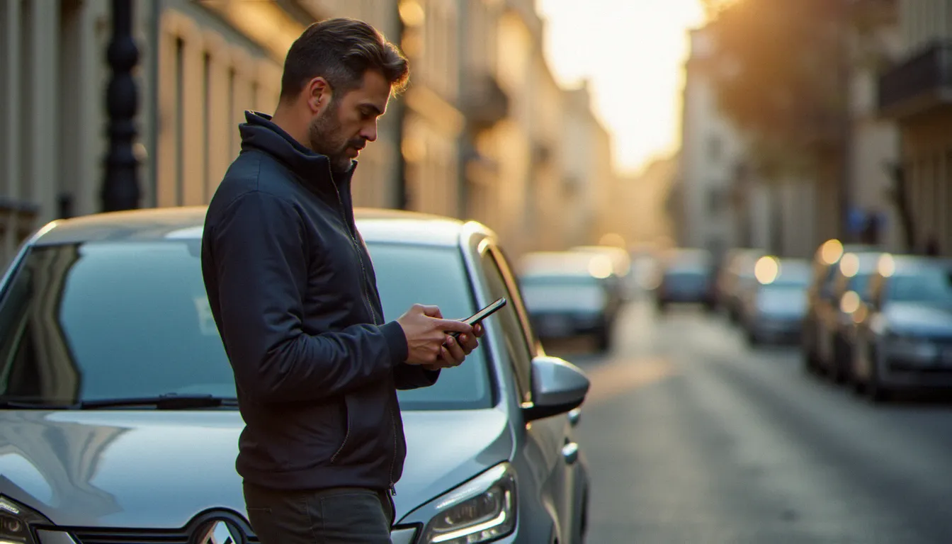 Conducteur vérifiant son application d'assurance au kilomètre sur son smartphone à côté de son véhicule dans une rue parisienne